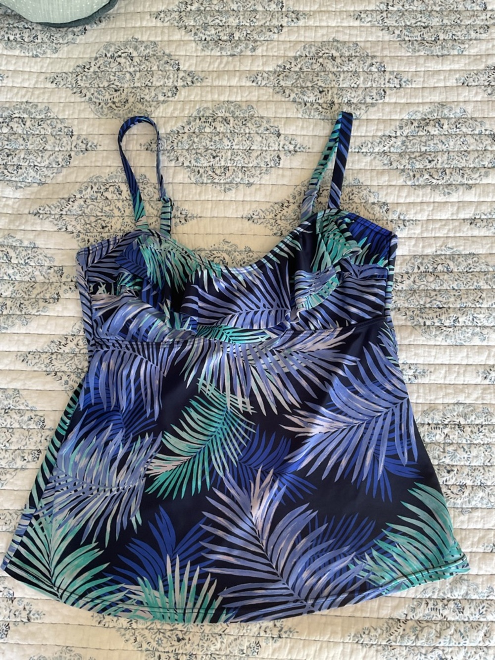 Aqua Green Navy and Teal Palm Print Tankini Swimsuit with Navy Bottoms Size 14